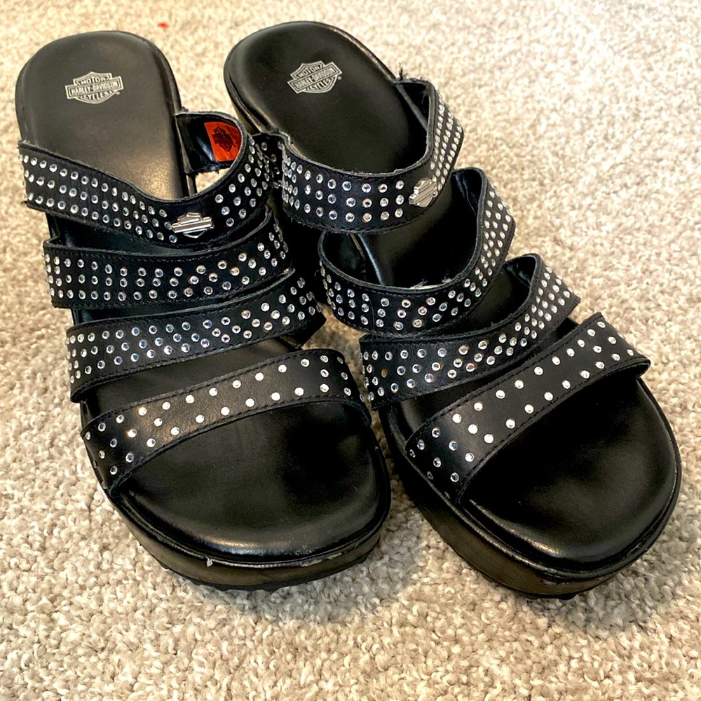 Women’s Harley-Davidson size 9 wedge sandals. Black with rhinestones